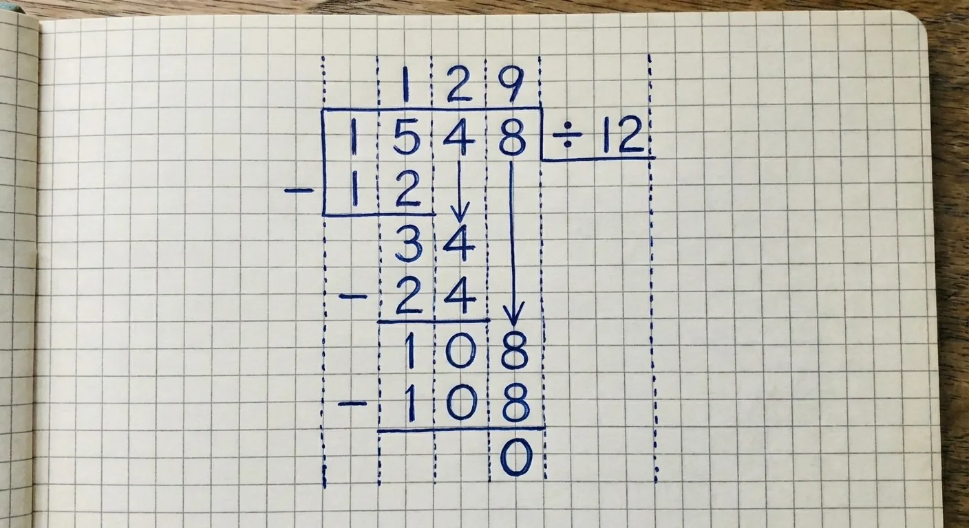 דוגמה לשימוש בקווים מקווקווים בחילוק ארוך