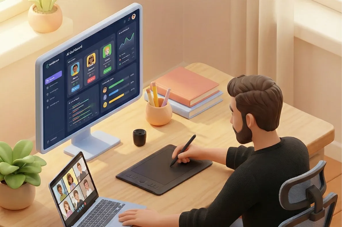 מורה משתמש בטכנולוגיה